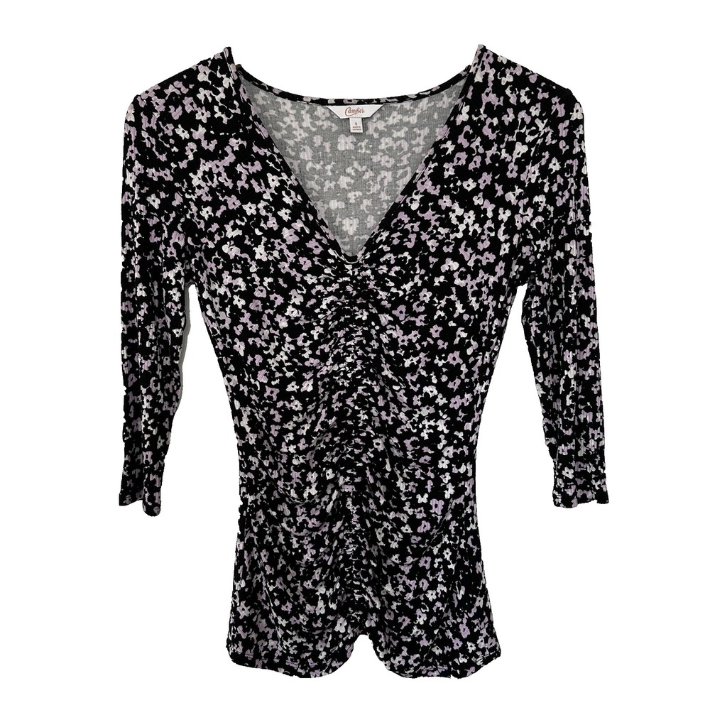 Candies Y2K 90s Babydoll Knit Top Womens Small Purple Black Gathered Ruched